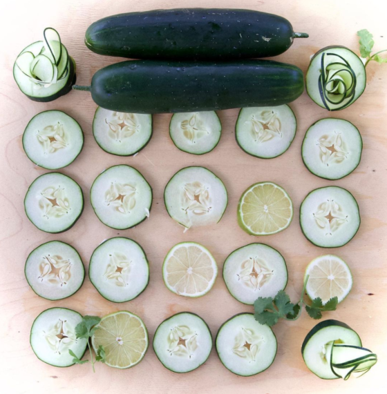 Display of sliced organic cucumbers